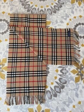 Burberry Tan Nova Check Wool Scarf with Black, White and Red Stripes